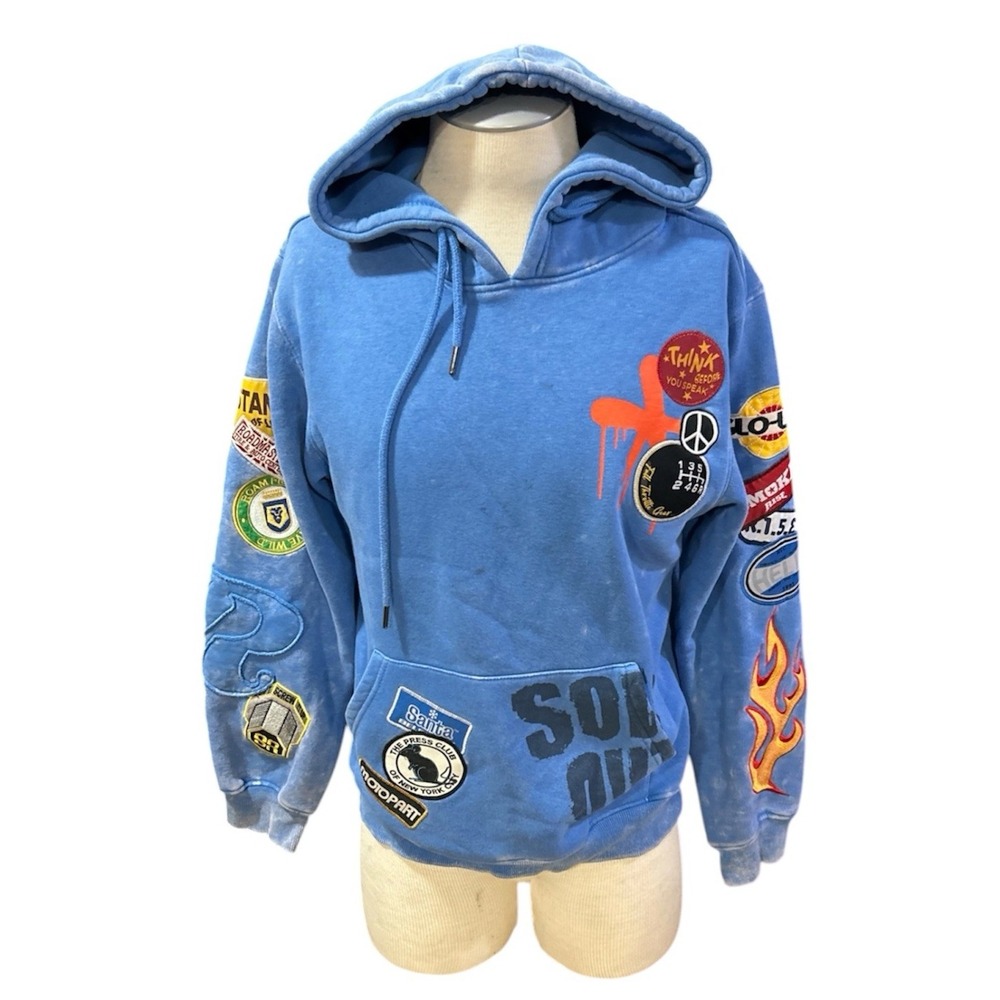 Smoke Rise Mens Hoodie M Patch Blue Pullover Streetwear Sweatshirt